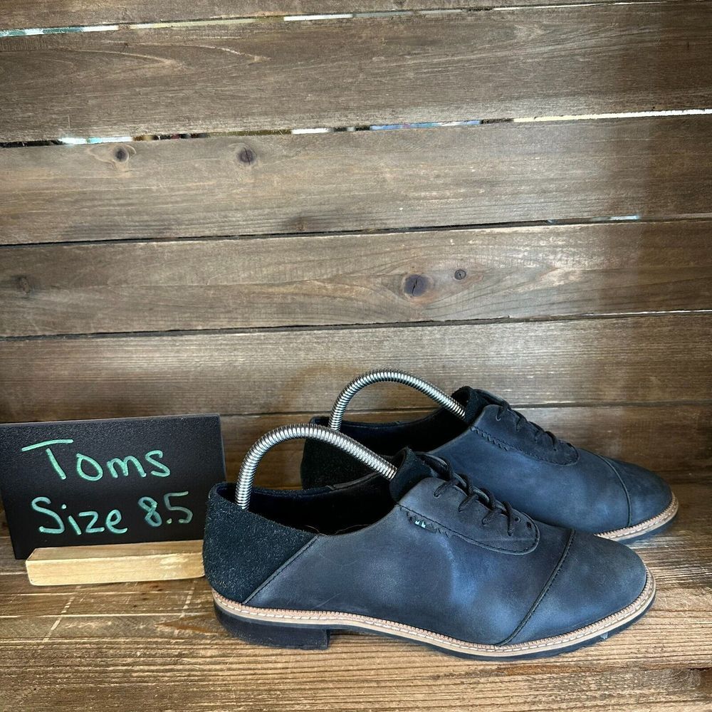 Womens Toms Ainsley Black Leather Casual Comfort Oxfords Shoes Size 8.5‎ M GUC